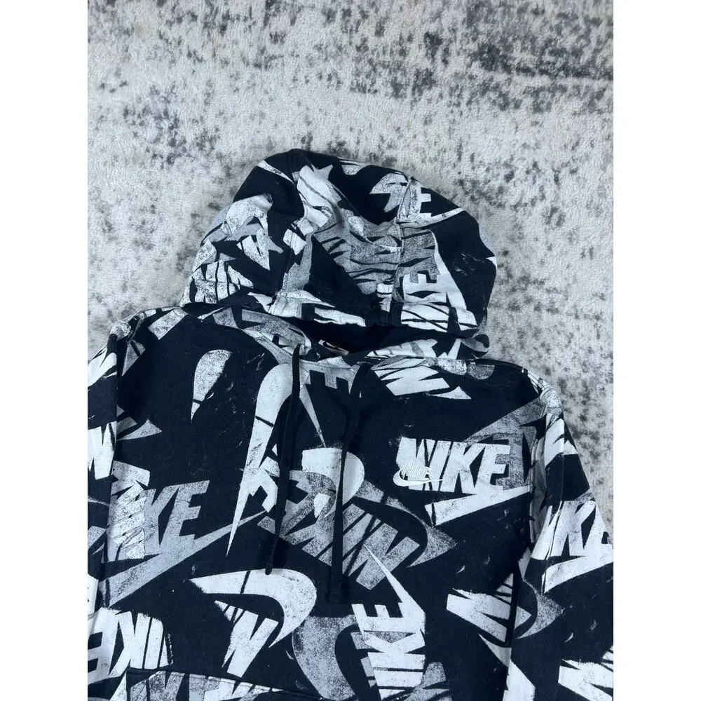 Nike Sportswear All Over Print Hoodie Mens M Black White Graphics Streetwear